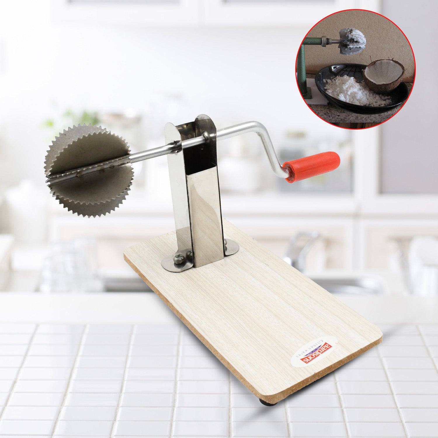 22_8805e4bd-fdbc-4702-9353-0ce8a7112b72.jpg Stainless Steel Coconut Scraper w/ Wooden Base ?Efficient & Durable Grater (1 Pc) - Image 1