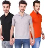 One-H Men's Polo Neck Short Sleeve Casual Tshirt Combo of Black, Orange, Grey colors (Pack of 3)