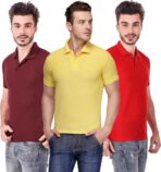 One-H Men's Polo Neck Short Sleeve Casual Tshirt Combo of Red, Maroon, Yellow colors (Pack of 3)