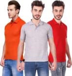 One-H Men's Polo Neck Short Sleeve Casual Tshirt Combo of Red, Orange, Grey colors (Pack of 3)