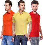 One-H Men's Polo Neck Short Sleeve Casual Tshirt Combo of Red, Orange, Yellow colors (Pack of 3)