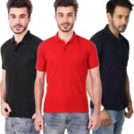 One-H Men's Polo Neck Short Sleeve Casual Tshirt Combo of Dark Blue, Red, Black colors (Pack of 3)