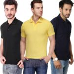 One-H Men's Polo Neck Short Sleeve Casual Tshirt Combo of Dark Blue, Black, Yellow colors (Pack of 3)