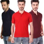 One-H Men's Polo Neck Short Sleeve Casual Tshirt Combo of Dark Blue, Red, Maroon colors (Pack of 3)