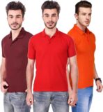 One-H Men's Polo Neck Short Sleeve Casual Tshirt Combo of Red, Maroon, Orange colors (Pack of 3)