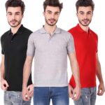 One-H Men's Polo Neck Short Sleeve Casual Tshirt Combo of Red, Black, Grey colors (Pack of 3)