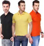 One-H Men's Polo Neck Short Sleeve Casual Tshirt Combo of Black, Orange, Yellow colors (Pack of 3)