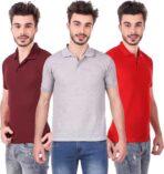 One-H Men's Polo Neck Short Sleeve Casual Tshirt Combo of Red, Maroon, Grey colors (Pack of 3)