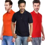 One-H Men's Polo Neck Short Sleeve Casual Tshirt Combo of Dark Blue, Red, Orange colors (Pack of 3)