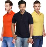 One-H Men's Polo Neck Half Sleeve Casual Tshirt Combo of Dark Blue, Orange, Yellow colors (Pack of 3)