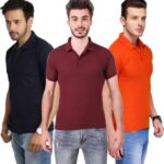 One-H Men's Polo Neck Short Sleeve Casual Tshirt Combo of Dark Blue, Maroon, Orange colors (Pack of 3)