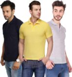 One-H Men's Polo Neck Short Sleeve Casual Tshirt Combo of Dark Blue, Grey, Yellow colors (Pack of 3)