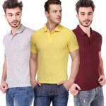 One-H Men's Polo Neck Short Sleeve Casual Tshirt Combo of Maroon, Grey, Yellow colors (Pack of 3)