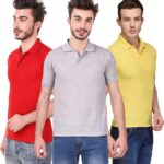 One-H Men's Polo Neck Short Sleeve Casual Tshirt Combo of Red, Grey, Yellow colors (Pack of 3)